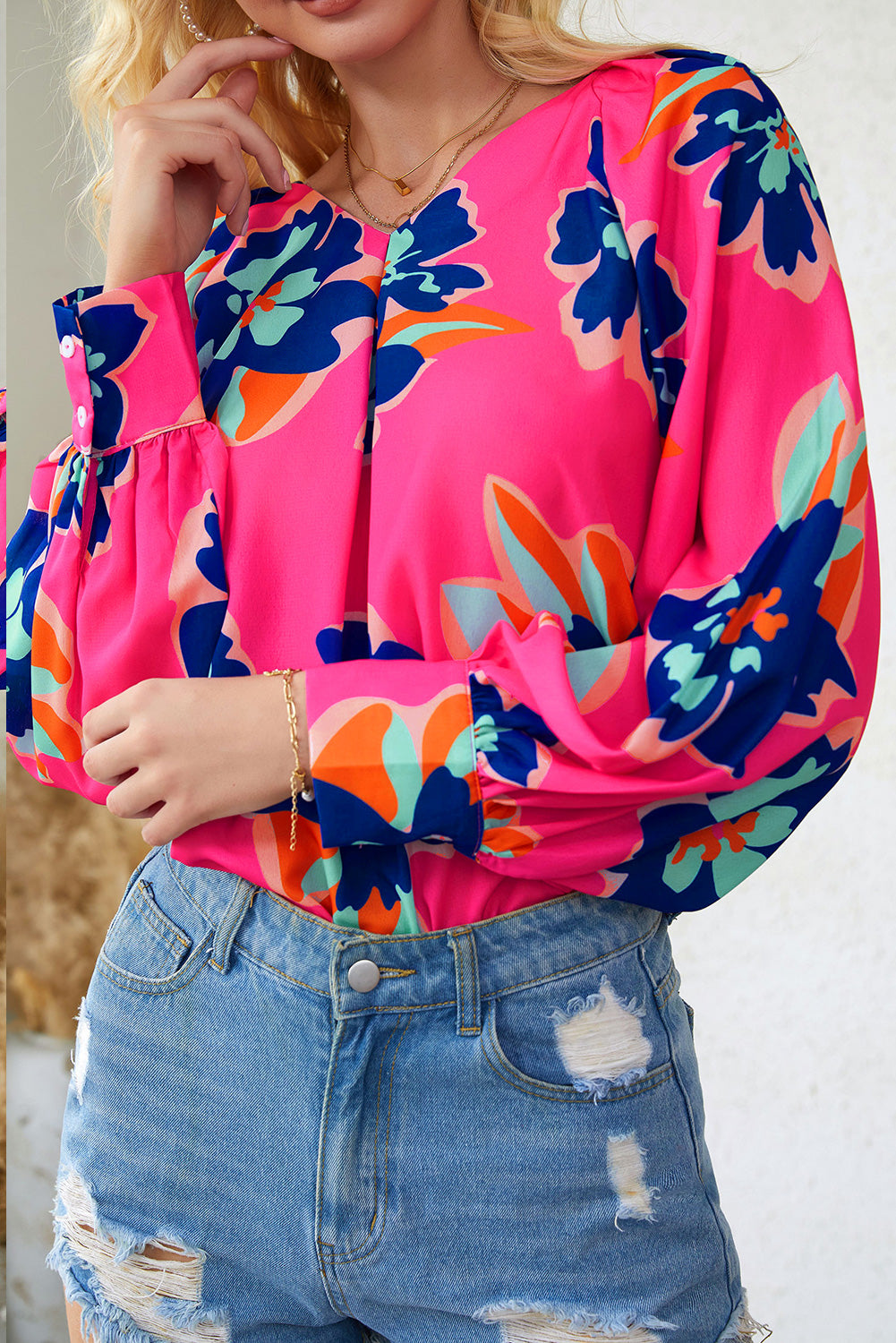 Rose Flower Print Puff Sleeve Blouse