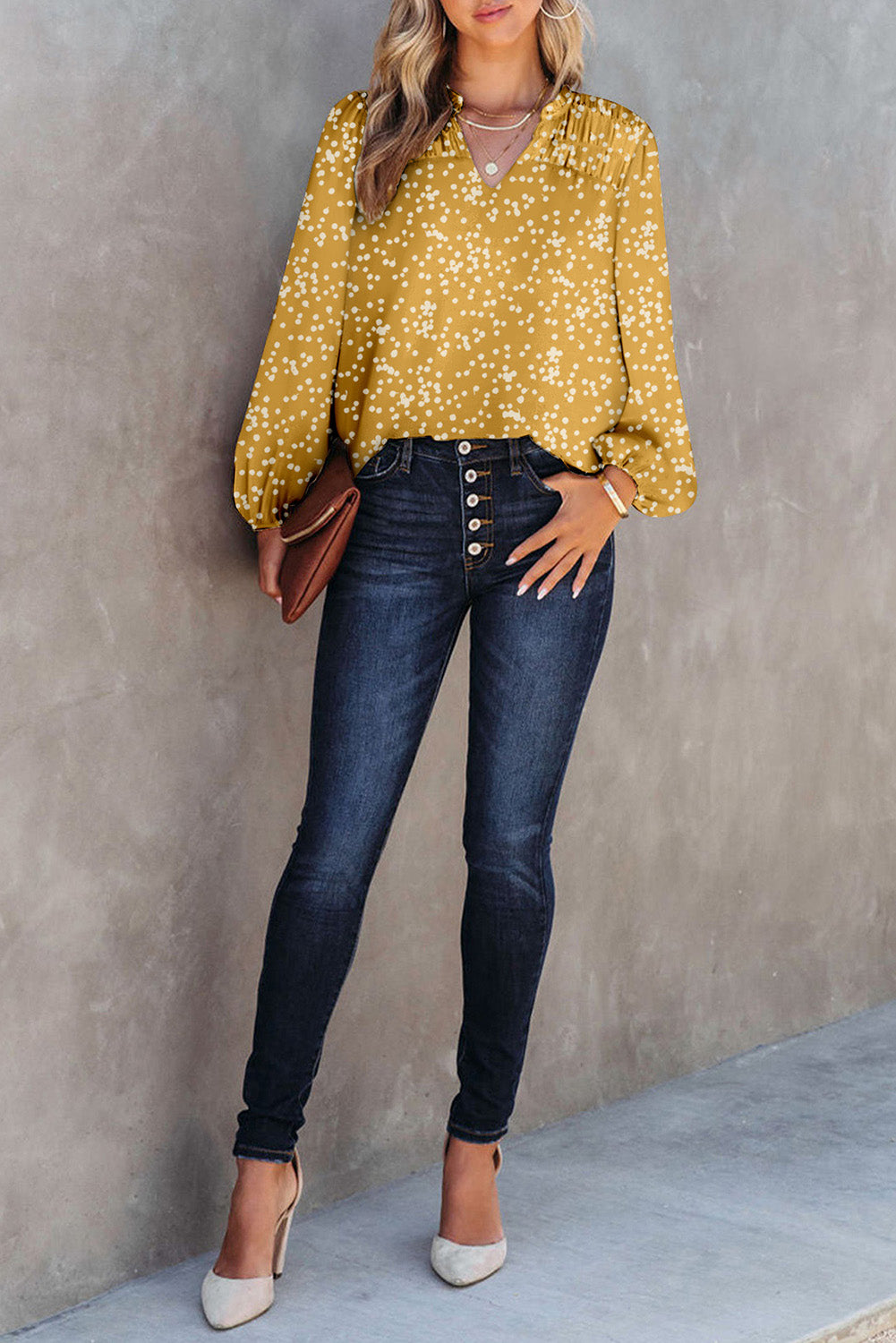 Yellow Split Neck Fall Printed Crinkled Blouse