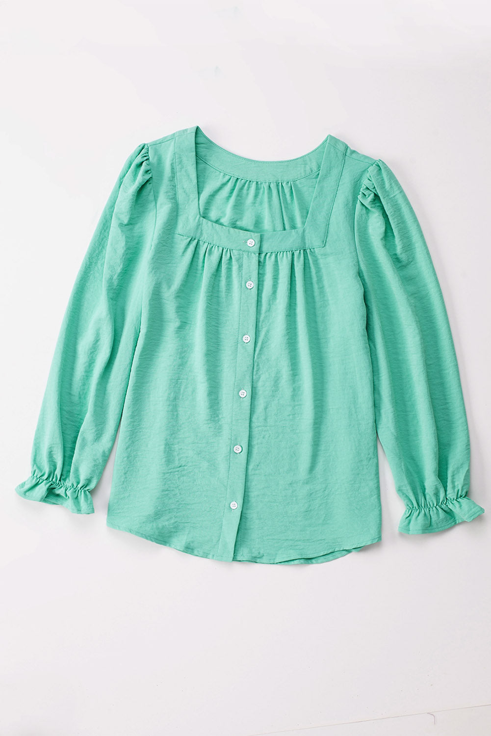 Green Flounce Sleeve Square Neck Button-Up Shirt