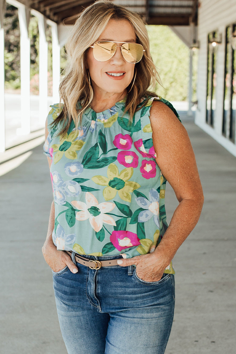 Green Floral Print Ruffle Trim Tank Top