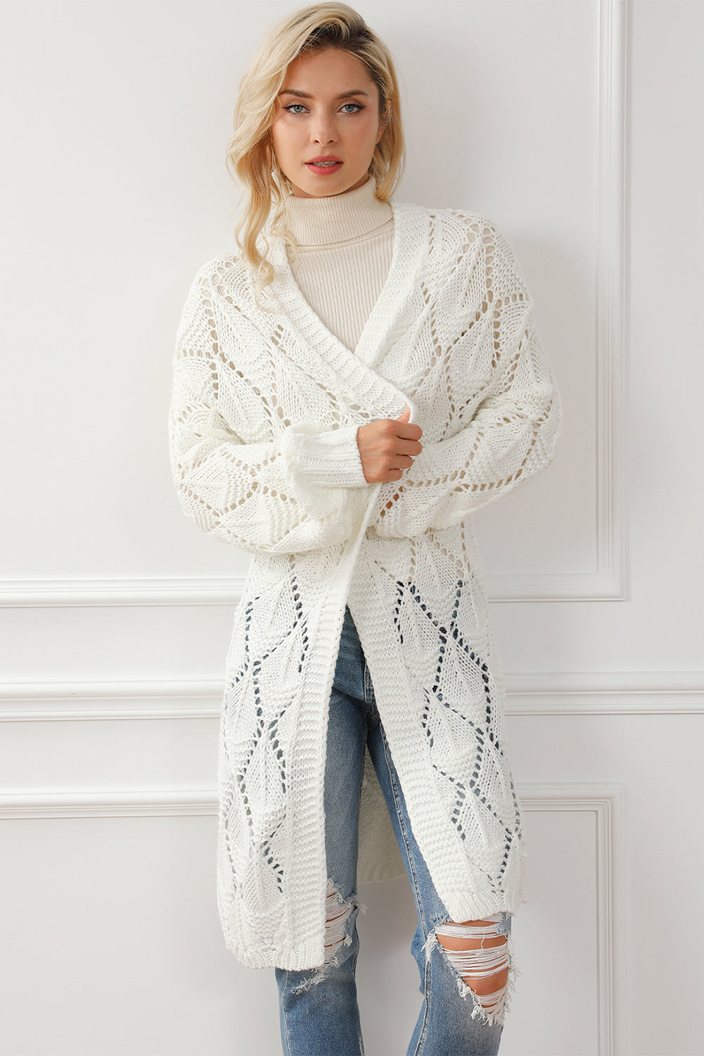 White Rhombus Hollowed Knit Open Front Cardigan