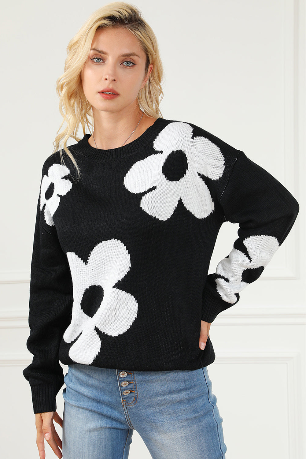 Black Big Flower Pattern Knit Sweater