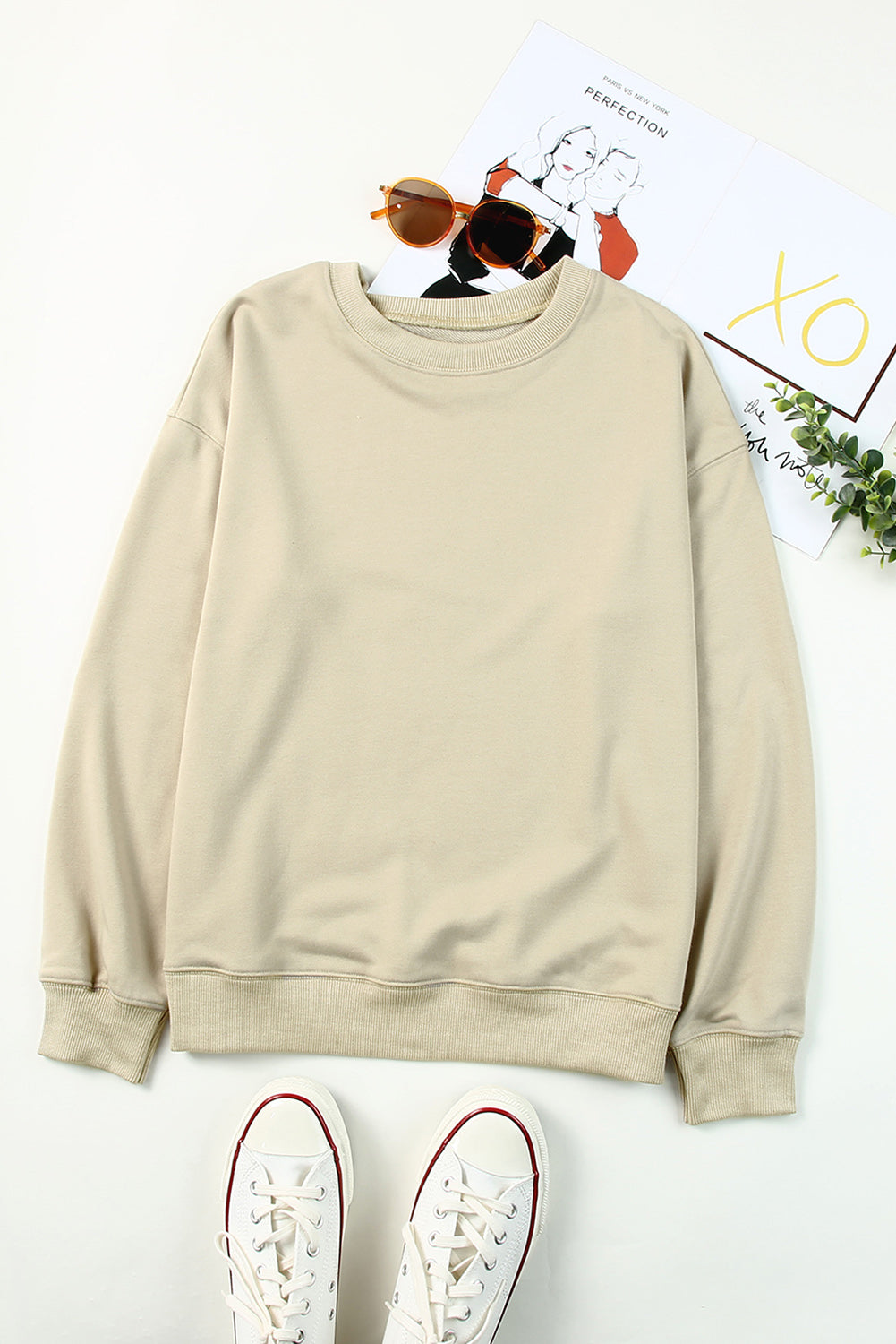 Khaki Plain Crew Neck Pullover Sweatshirt