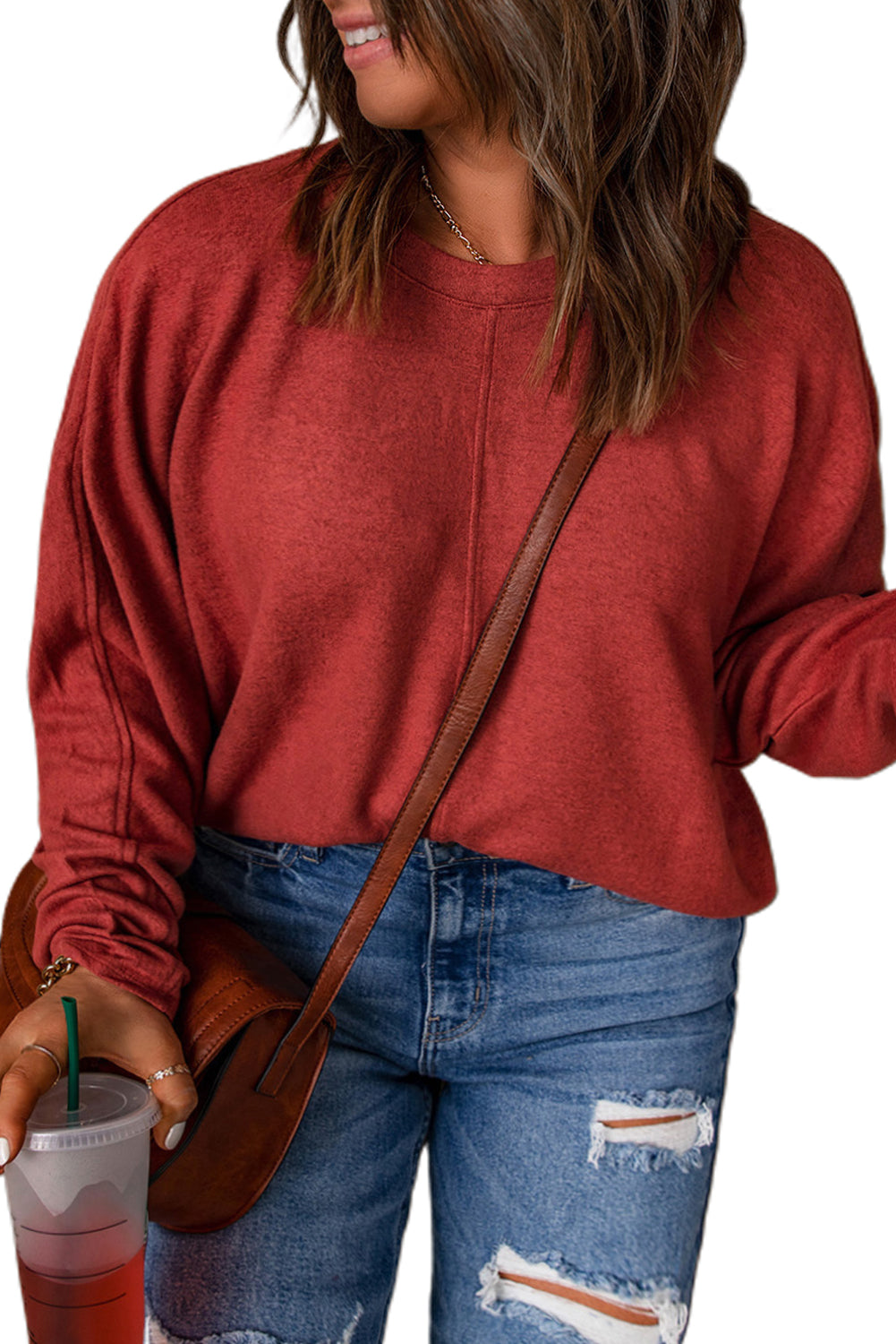 Red Dahlia Piping Detail Plus Size Long Sleeve Top