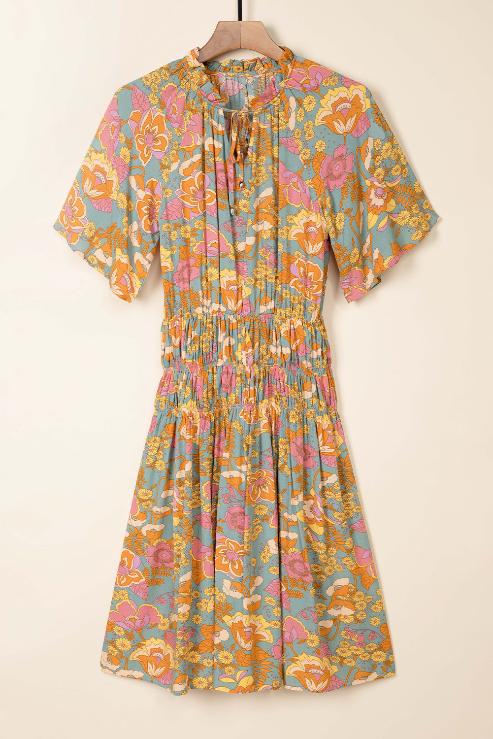 Boho Wide Sleeve Smocked Waist Floral Dress