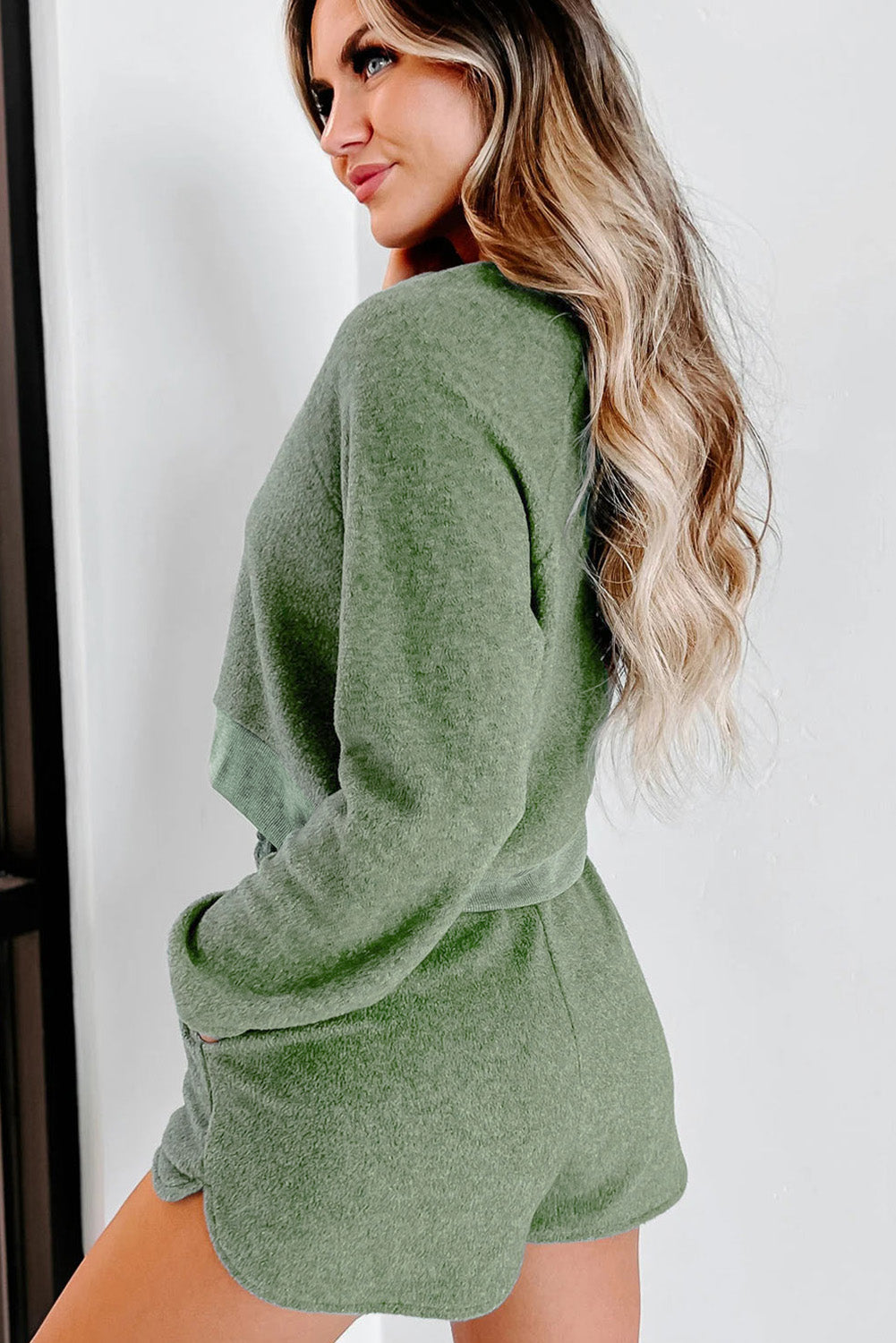 Green Fleece Two-piece Cropped Pullover and Shorts Set