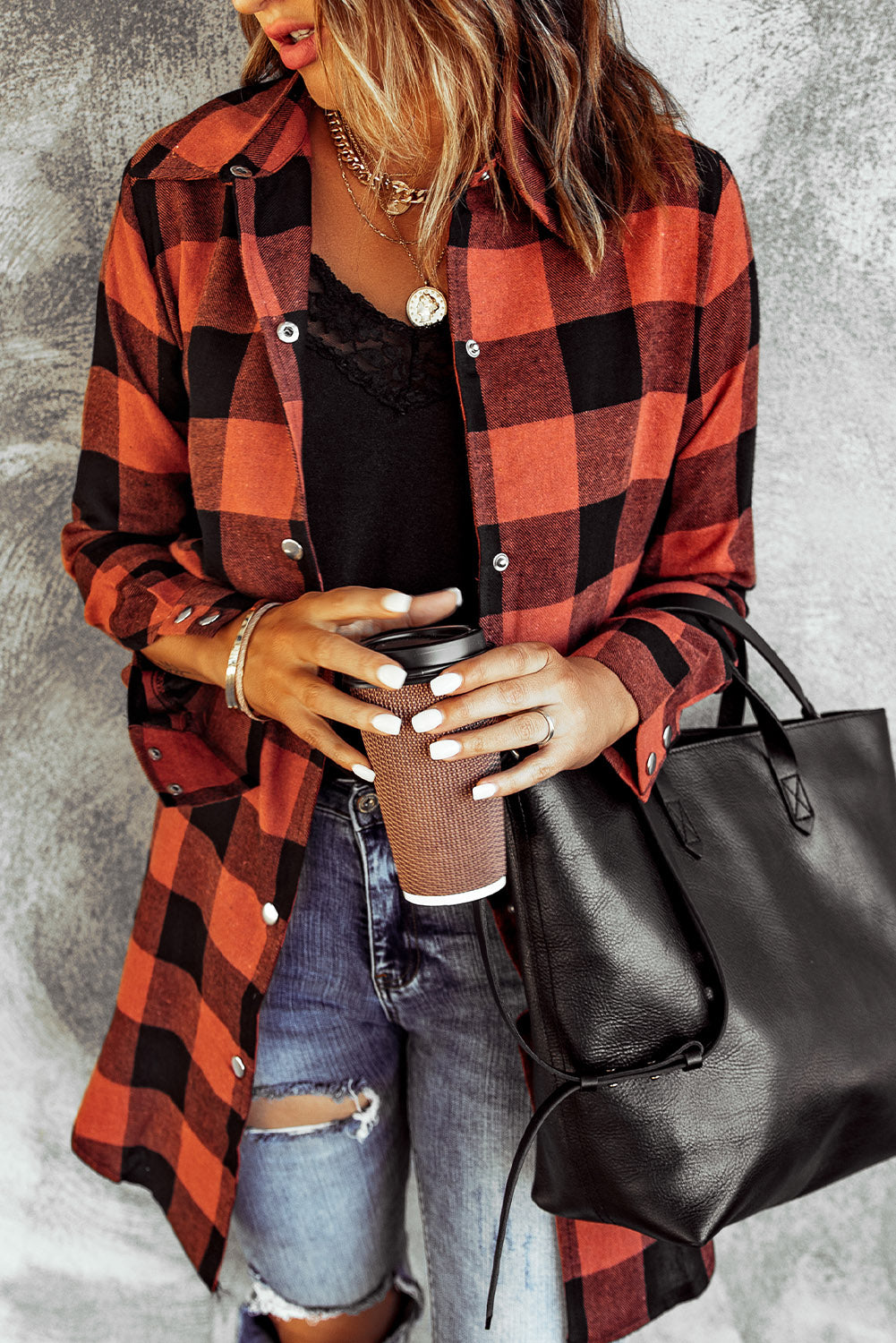 Red Turn-down Collar Plaid Shirt Coat