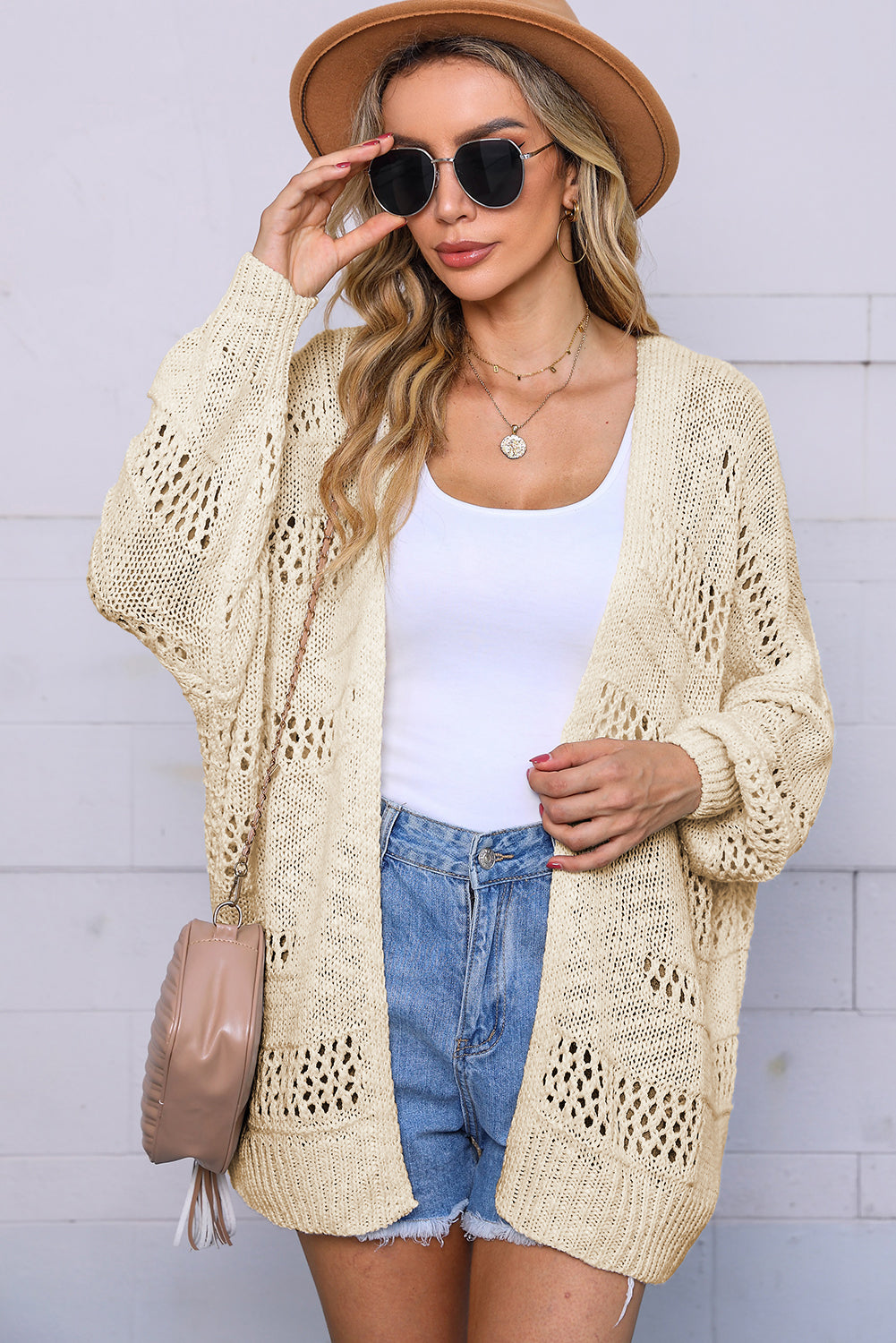 Apricot Casual Hollowed Knit Dolman Sleeve Cardigan