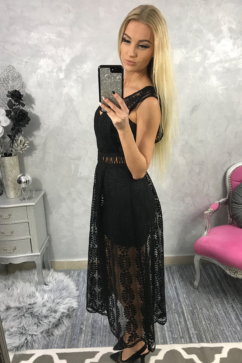 Black Contrast Lace High Waist Sleeveless V Neck Long Dress