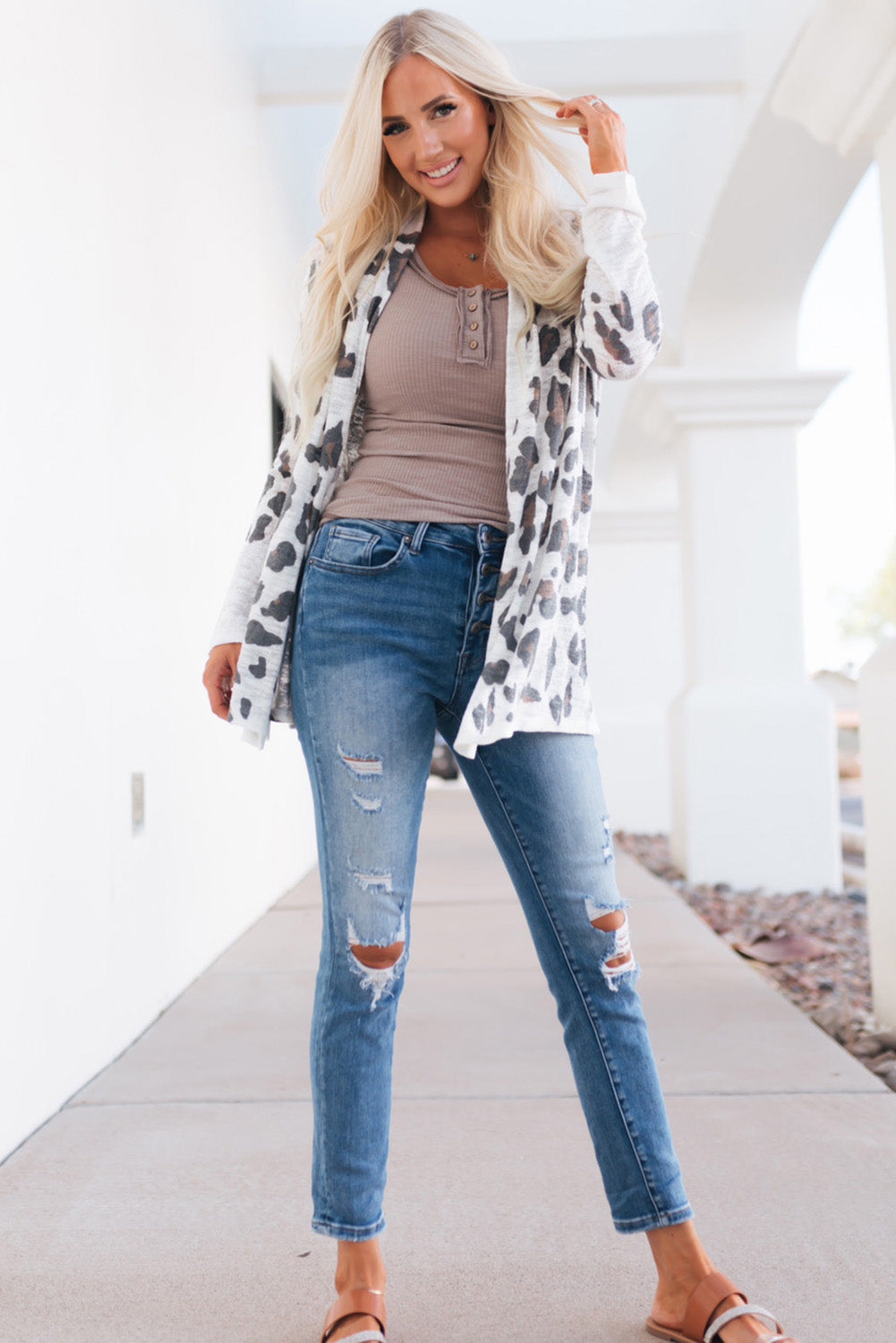 White Vintage Leopard Print Open Cardigan