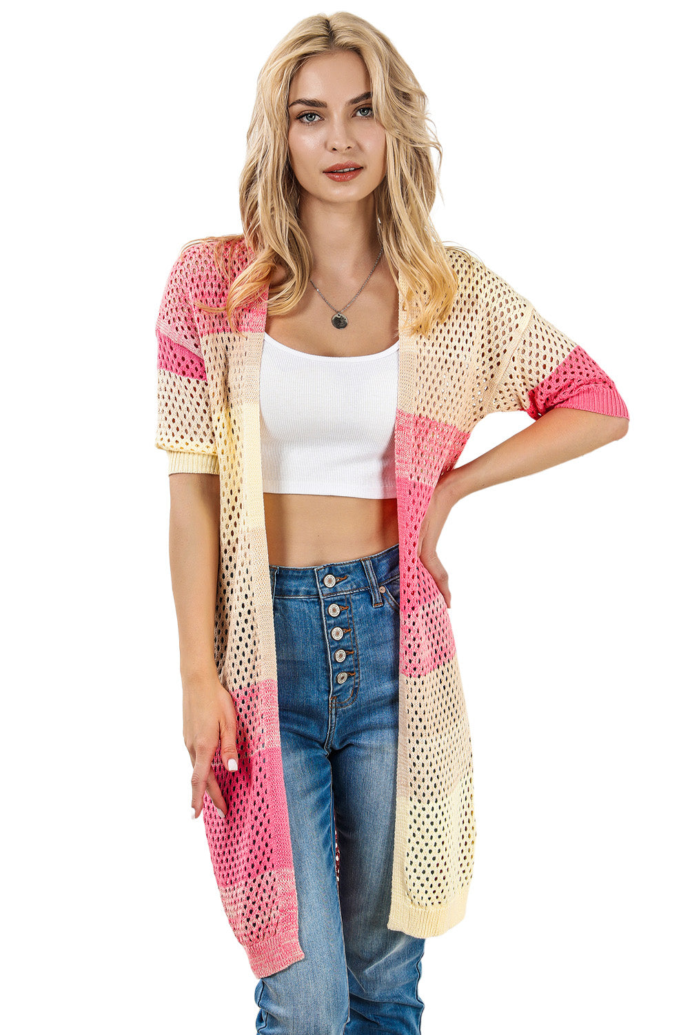 Pink Ribbed Short Sleeve Ombre Eyelet Knitted Cardigan