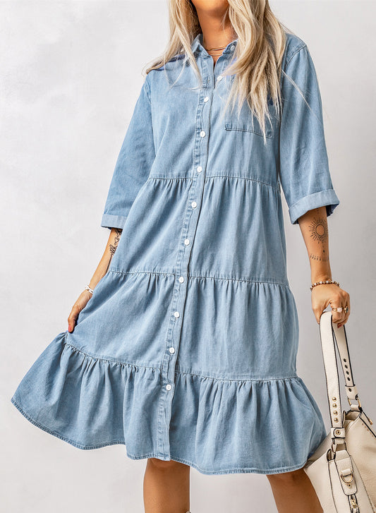 Sky Blue Ruffled Denim Full Buttoned Midi Dress