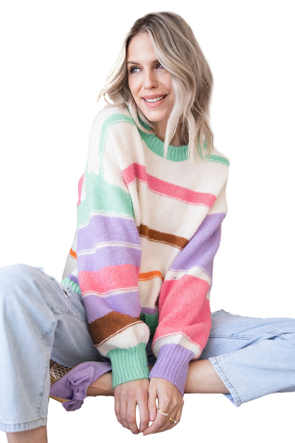 Multicolor Striped Colorblock Drop Shoulder Sweater