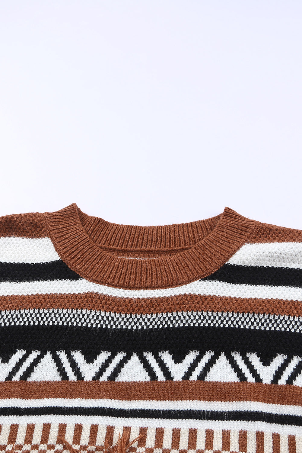 Multicolor Round Neck Striped Sweater with Fringe