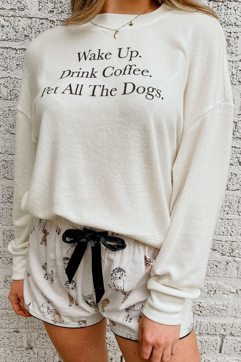 White Long Sleeve Letters Pullover and Animal Shorts Lounge Set