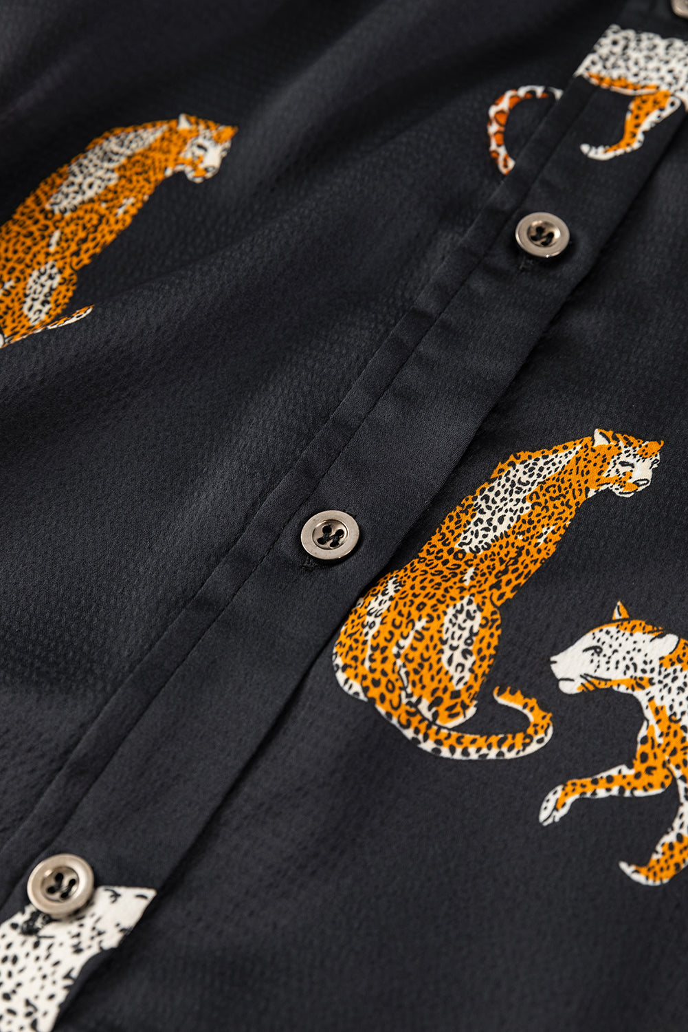 Black Cheetah Animal Print Button Up Satin Shirt