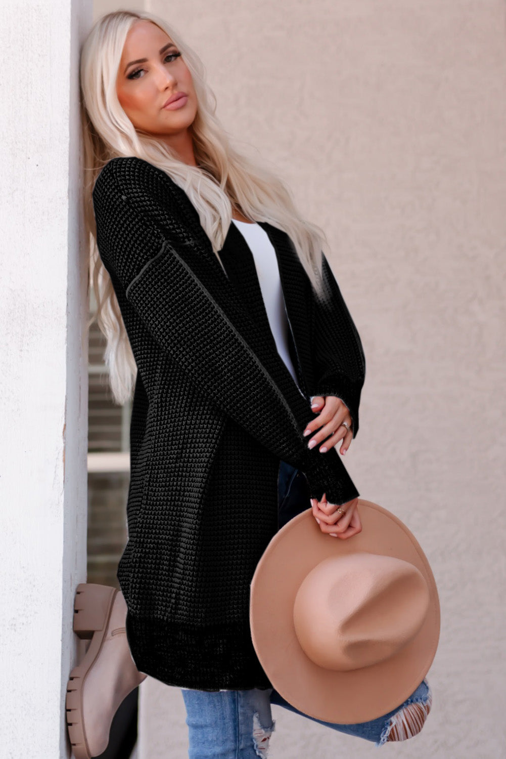 Black Plaid Knitted Long Open Front Cardigan