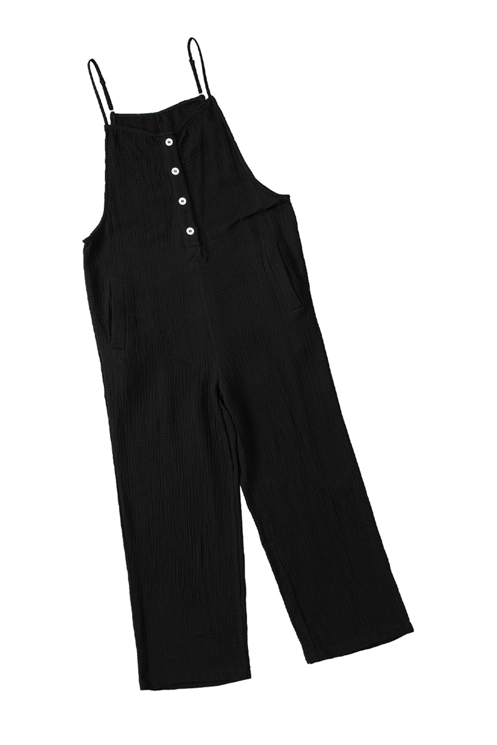 Black Spaghetti Straps Crinkle Henley Jumpsuit