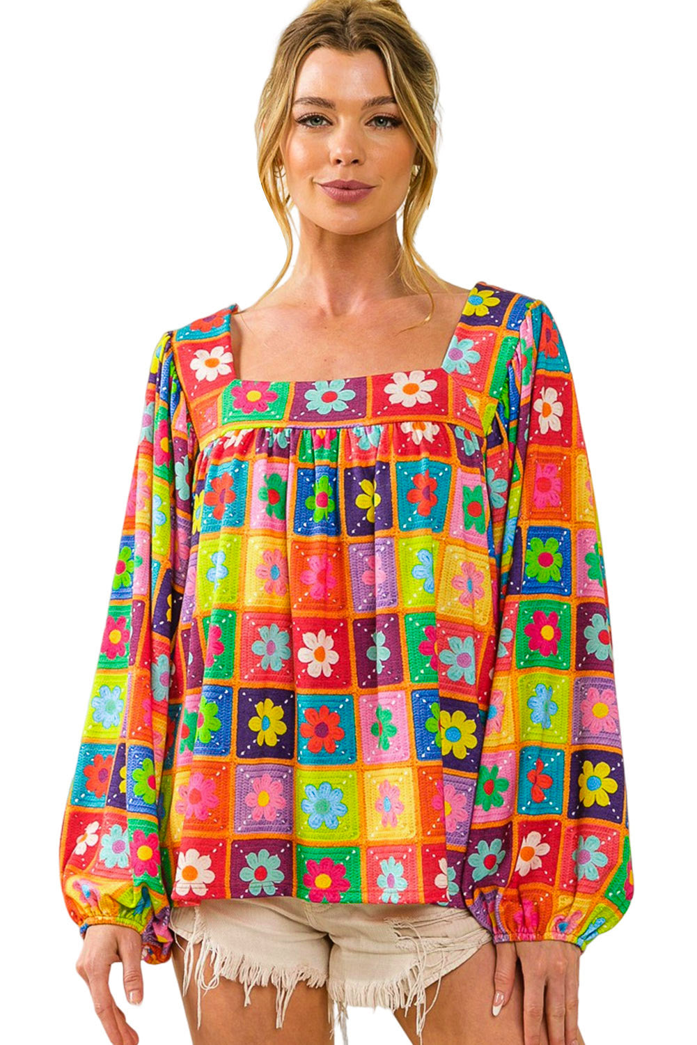 Multicolor Floral Crochet Square Neck Puff Sleeve Blouse