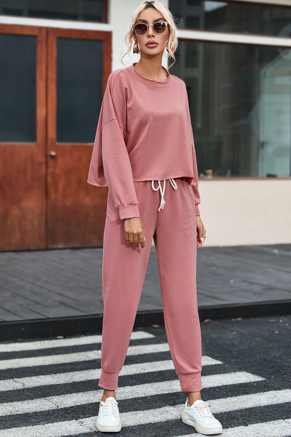 Pink Solid Sport Boxy Fit Pullover & Pants Outfit