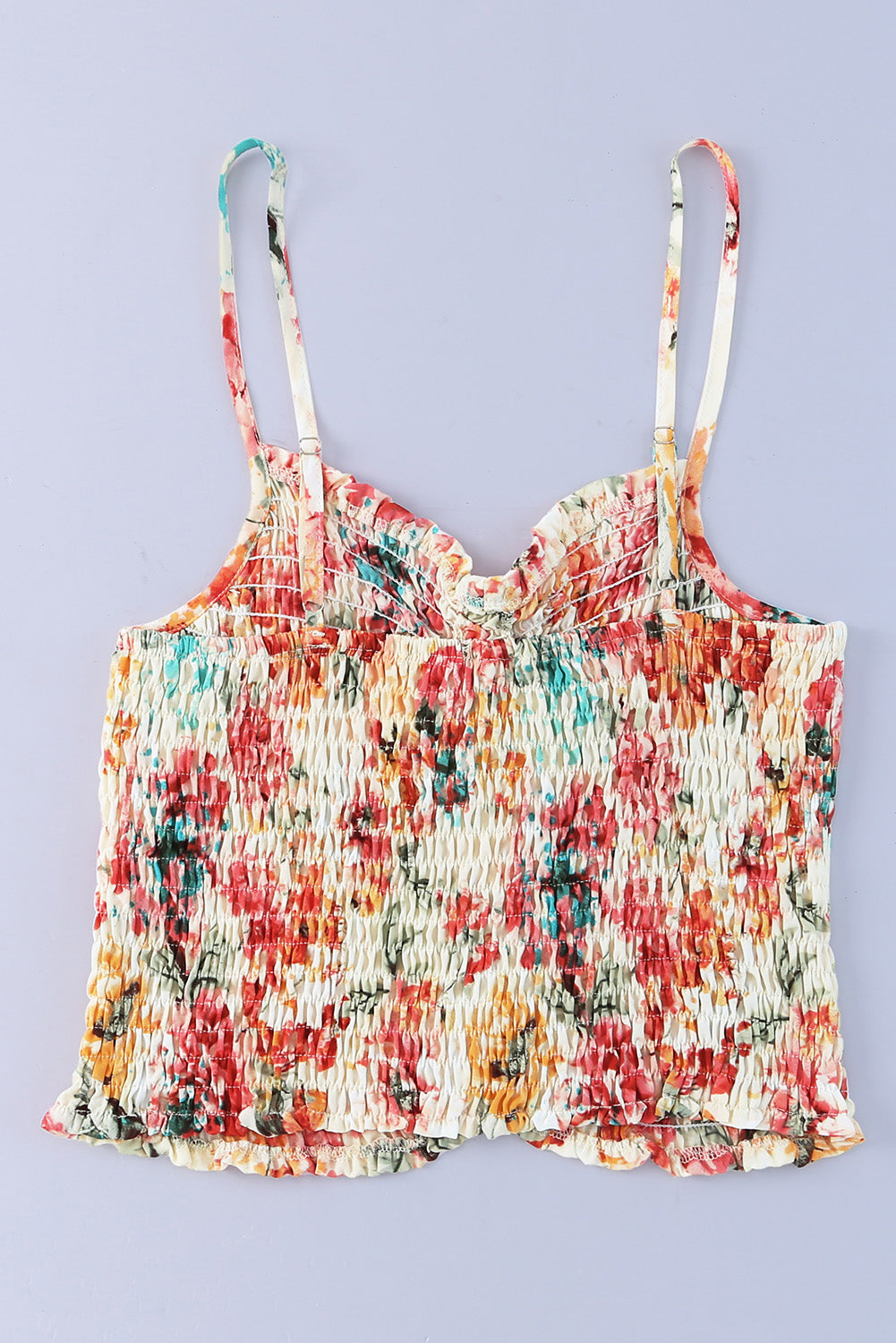 Apricot Floral Print Smocked Ruched Tank Top