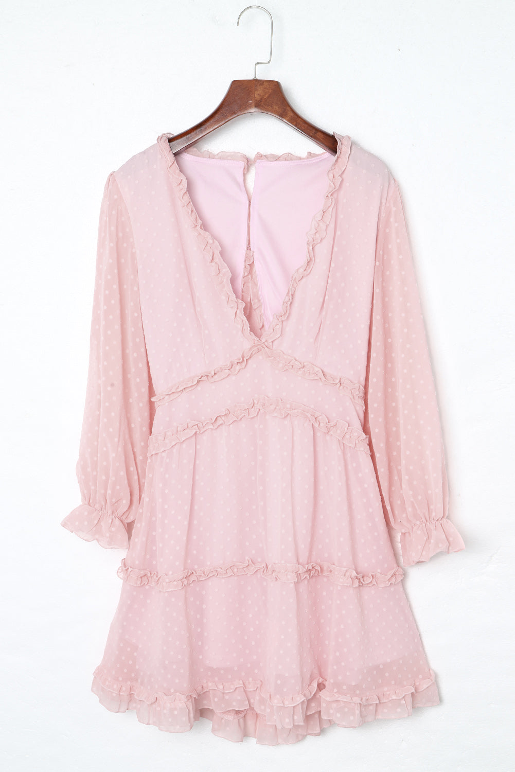 Pink Layered Ruffled Open Back Puff Sleeve Swiss Dot Mini Dress