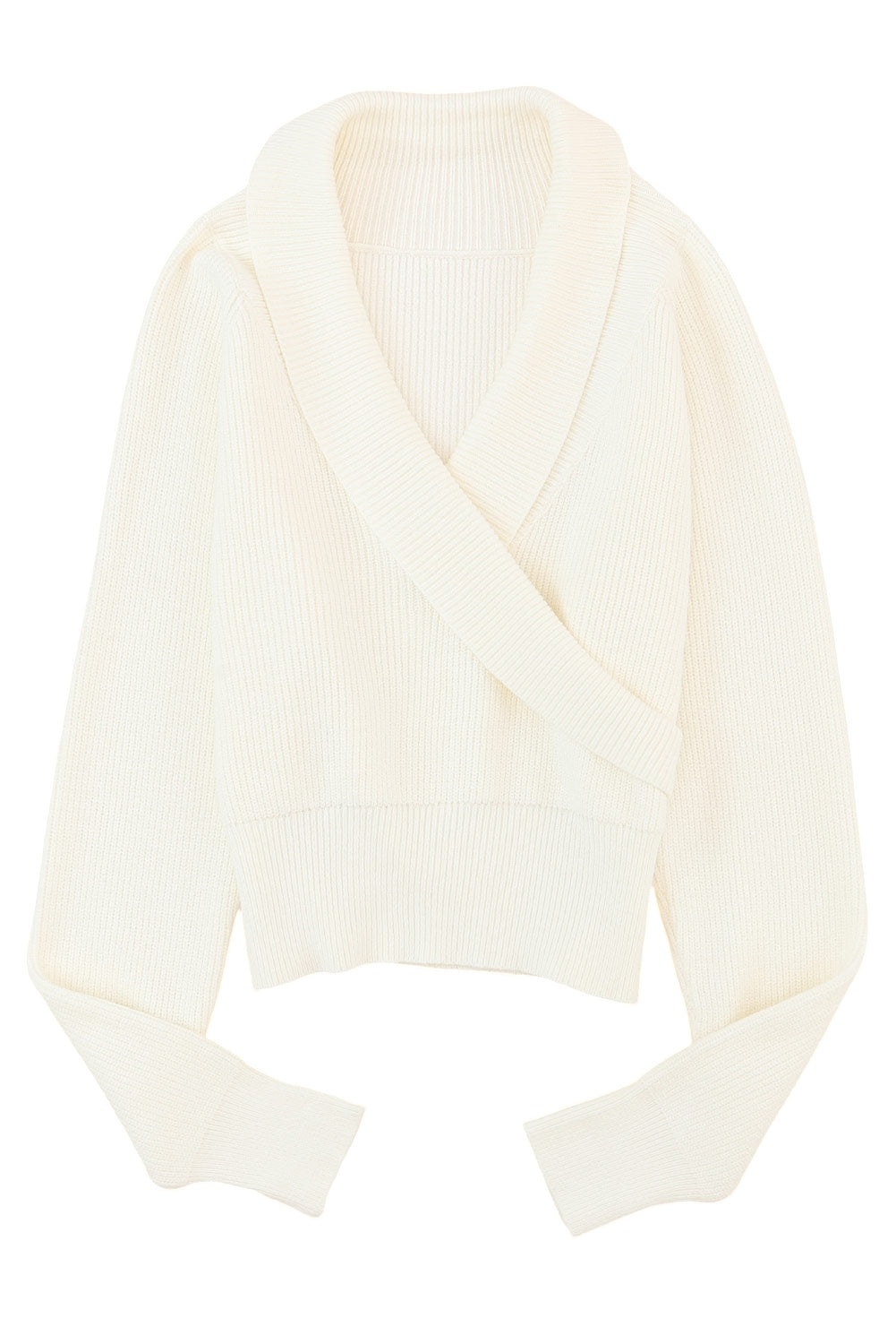 Beige Ribbed Long Sleeve Surplice Crop Sweater