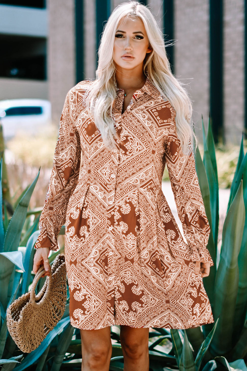 Vintage Paisley Geometric Print Shirt Short Dress