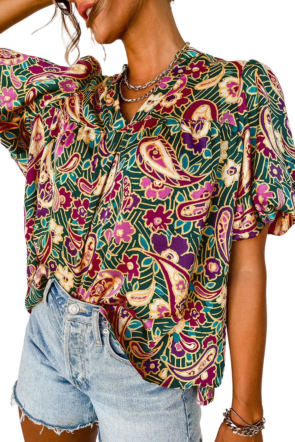 Green V Neck Short Bubble Sleeve Paisley Blouse