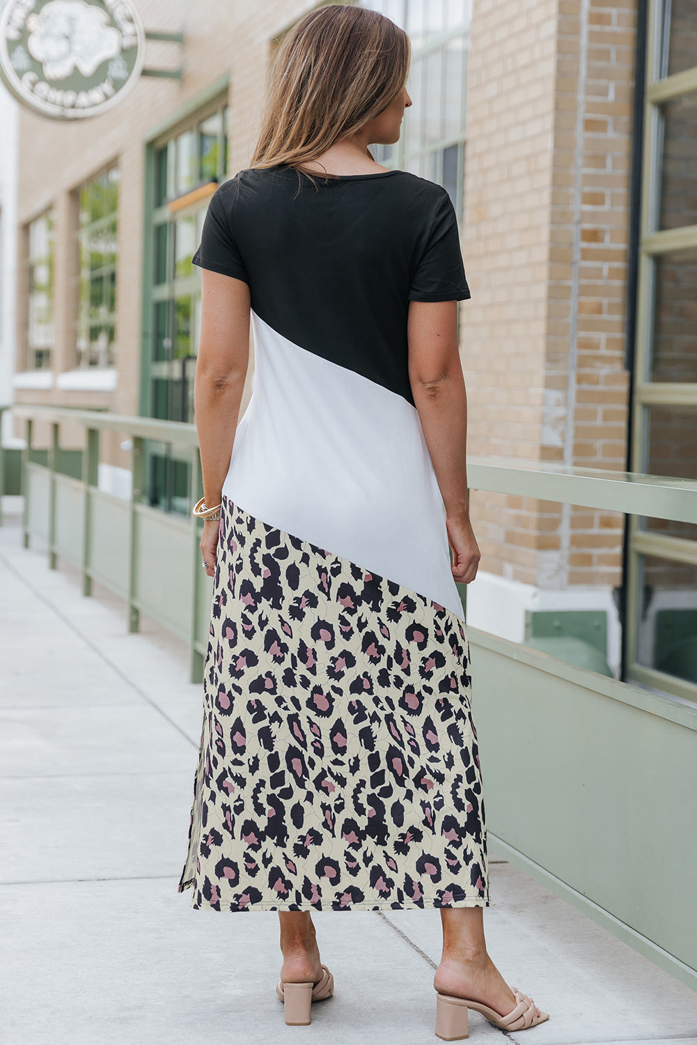 Black Leopard Color Block Side Slit T Shirt Maxi Dress