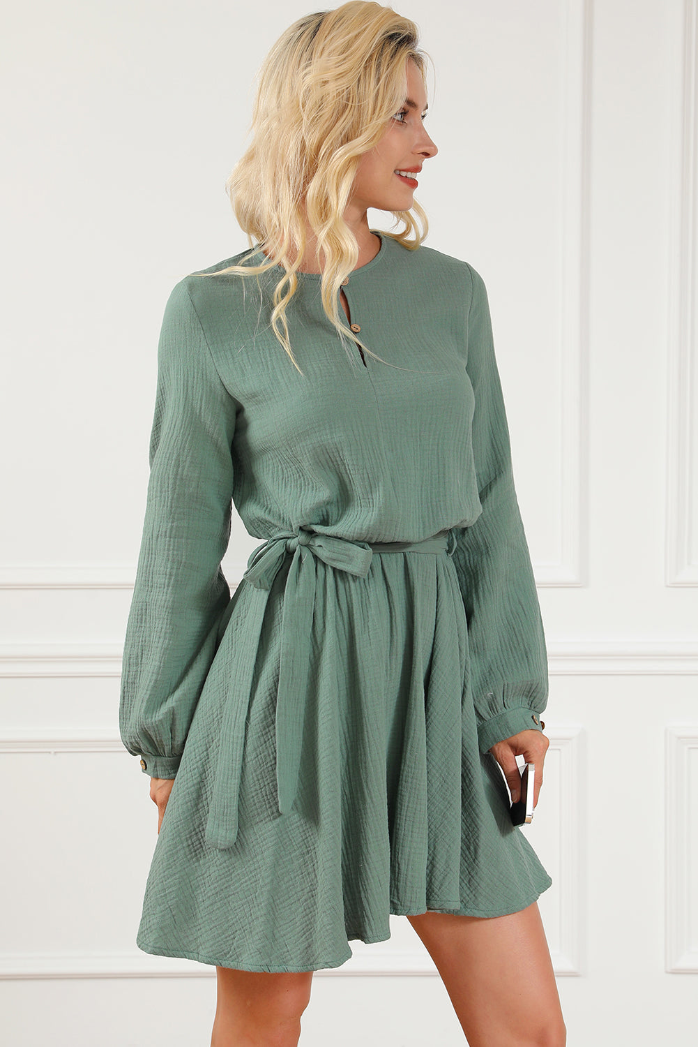 Pickle Green Button Neck Puff Sleeve Belted Pleated Mini Dress