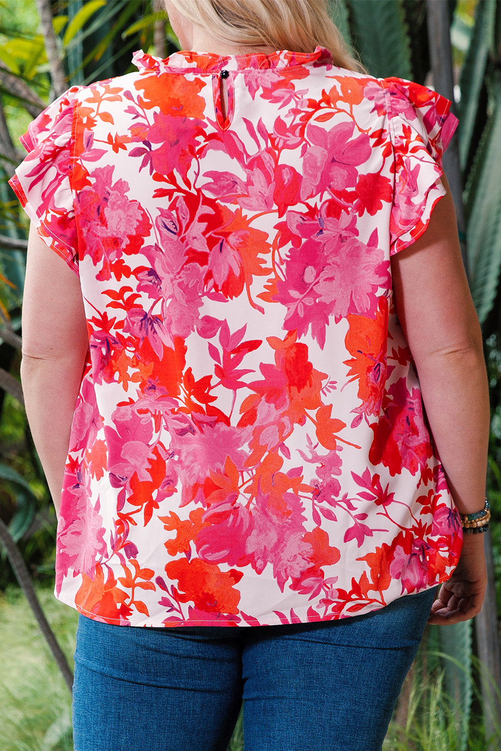 Rose Ruffle Tiered Sleeve Frill Neck Floral Plus Size Blouse