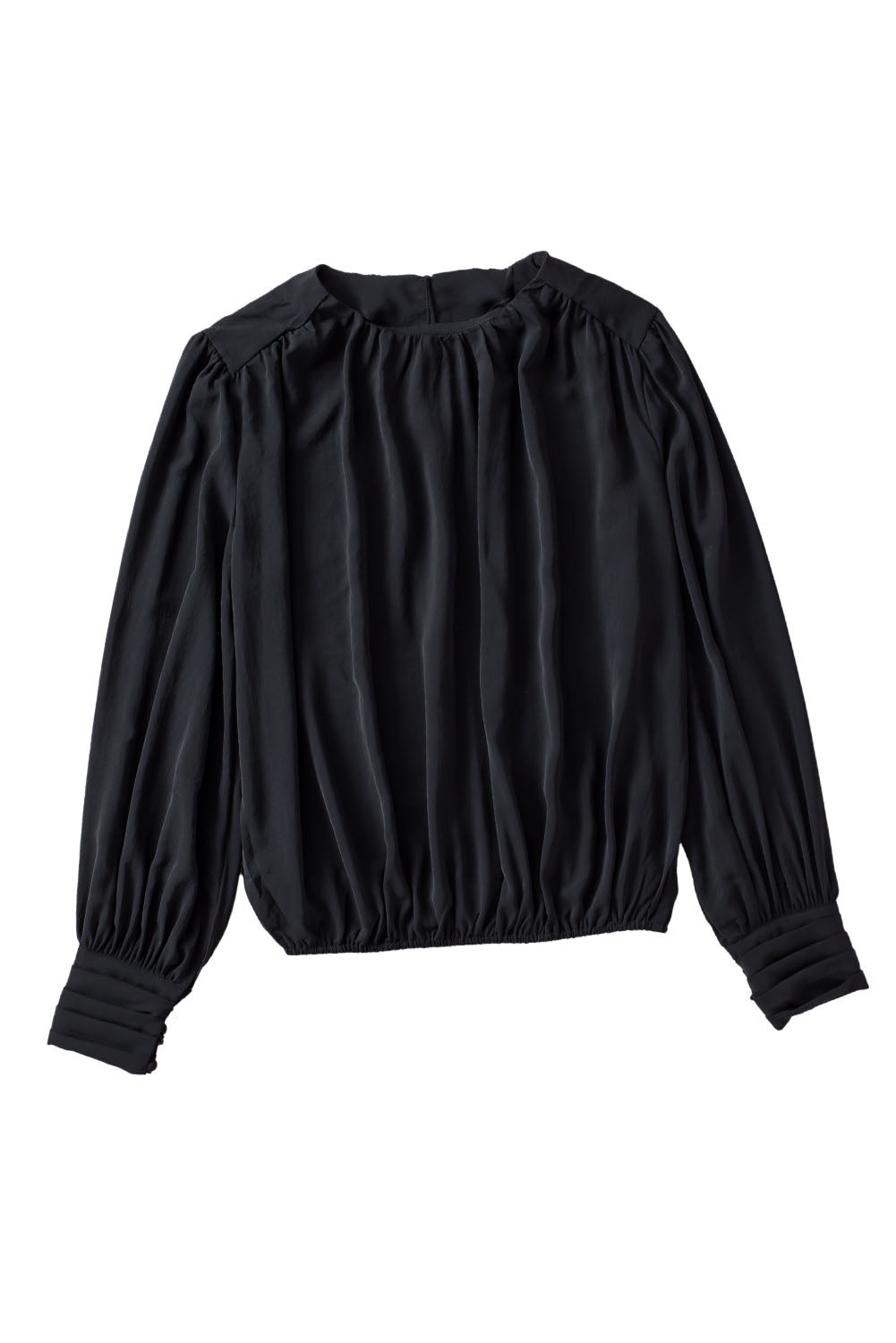 Black Padded Shoulder Buttoned Cuffs Pleated Loose Blouse