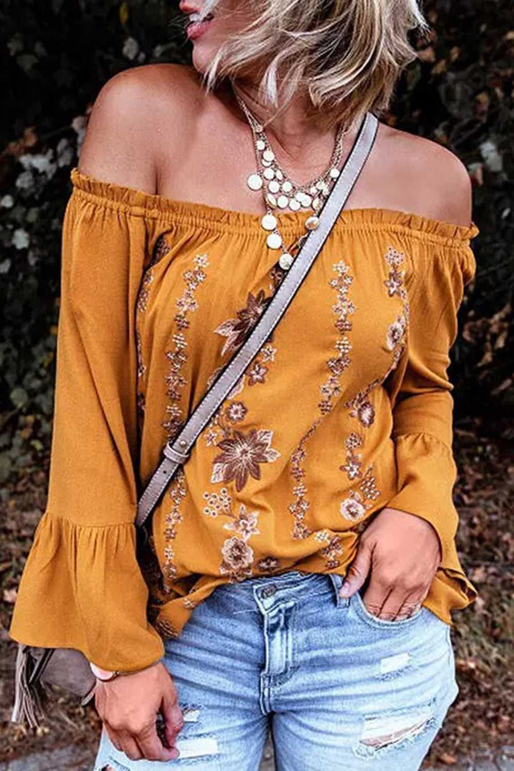 Yellow Floral Print Ruffled Off Shoulder Blouse