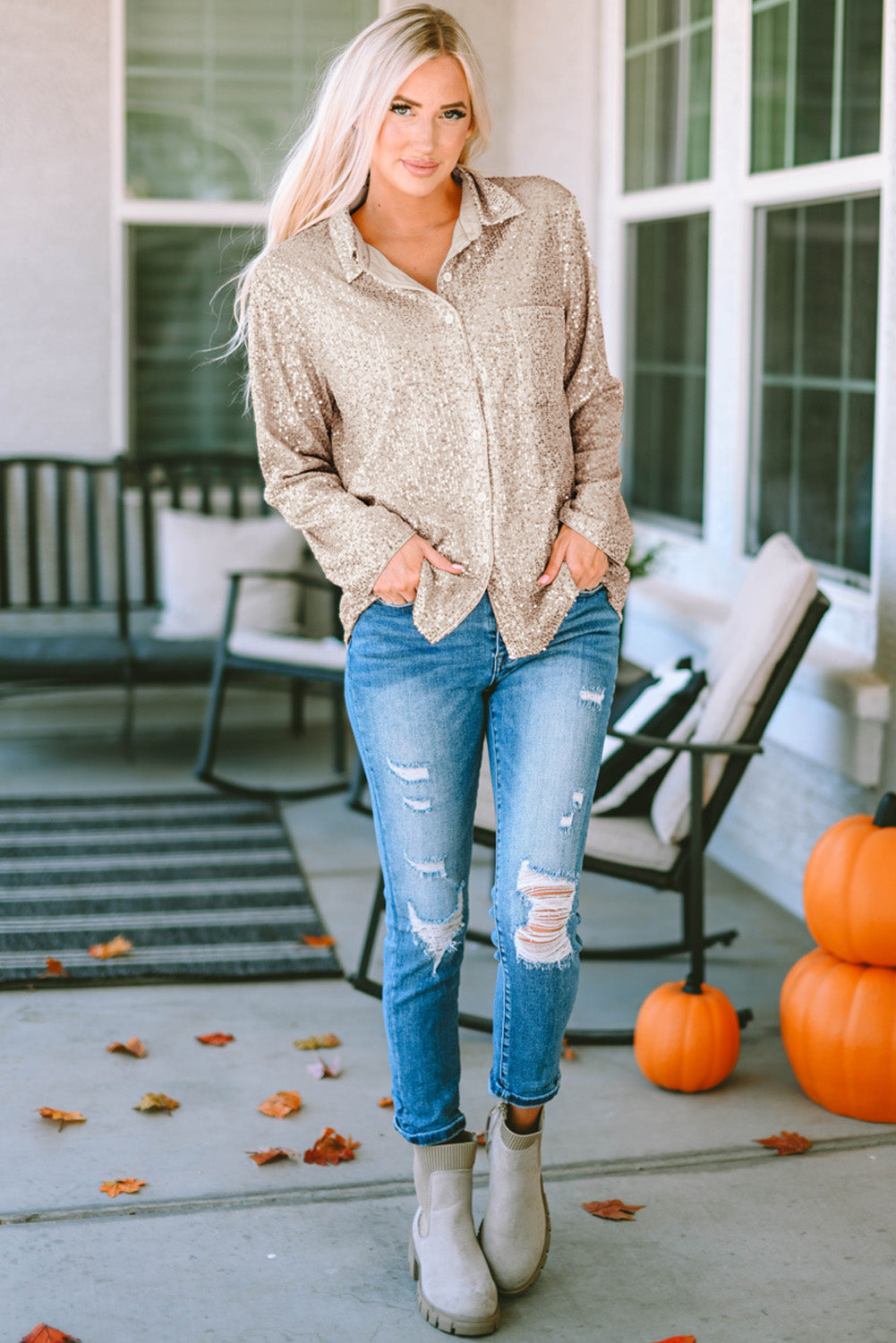 Apricot Sequin Collared Bust Pocket Buttoned Shirt