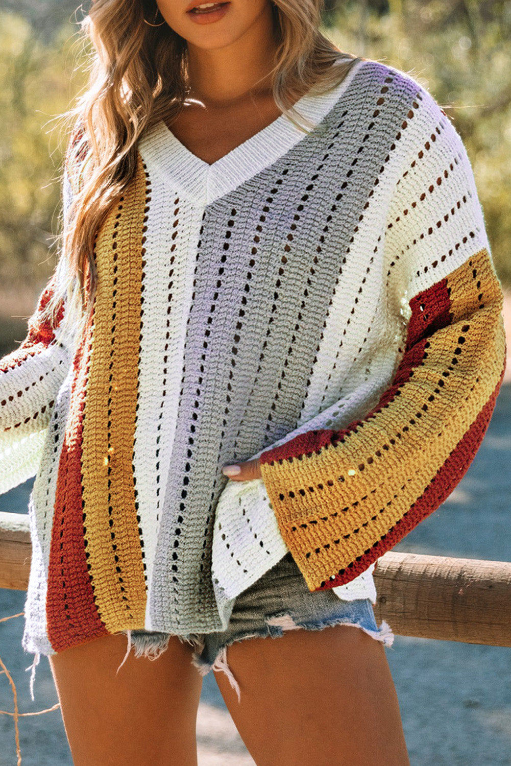 Multicolor Color Block Patchwork V Neck Knit Sweater