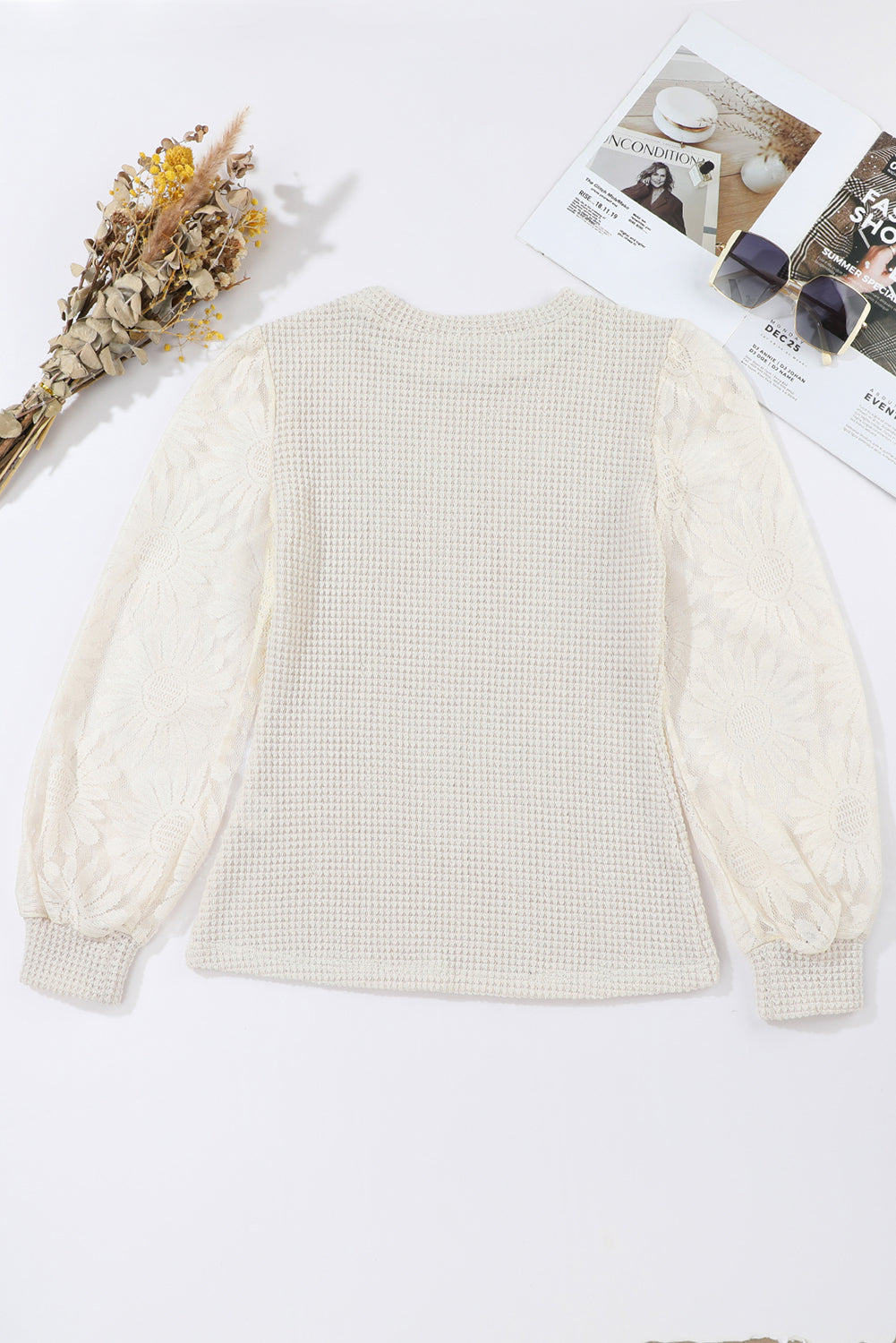 Beige Sunflower Mesh Bubble Sleeve Waffle Knit Top