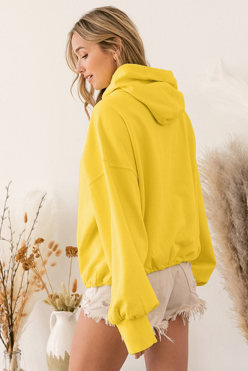 Yellow Ribbed Trim Kangaroo Pocket Zipped Hoodie