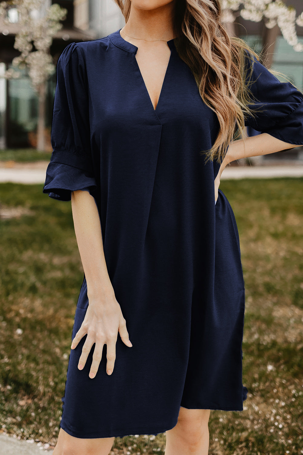 Blue Ruffled Sleeve Shift Dress