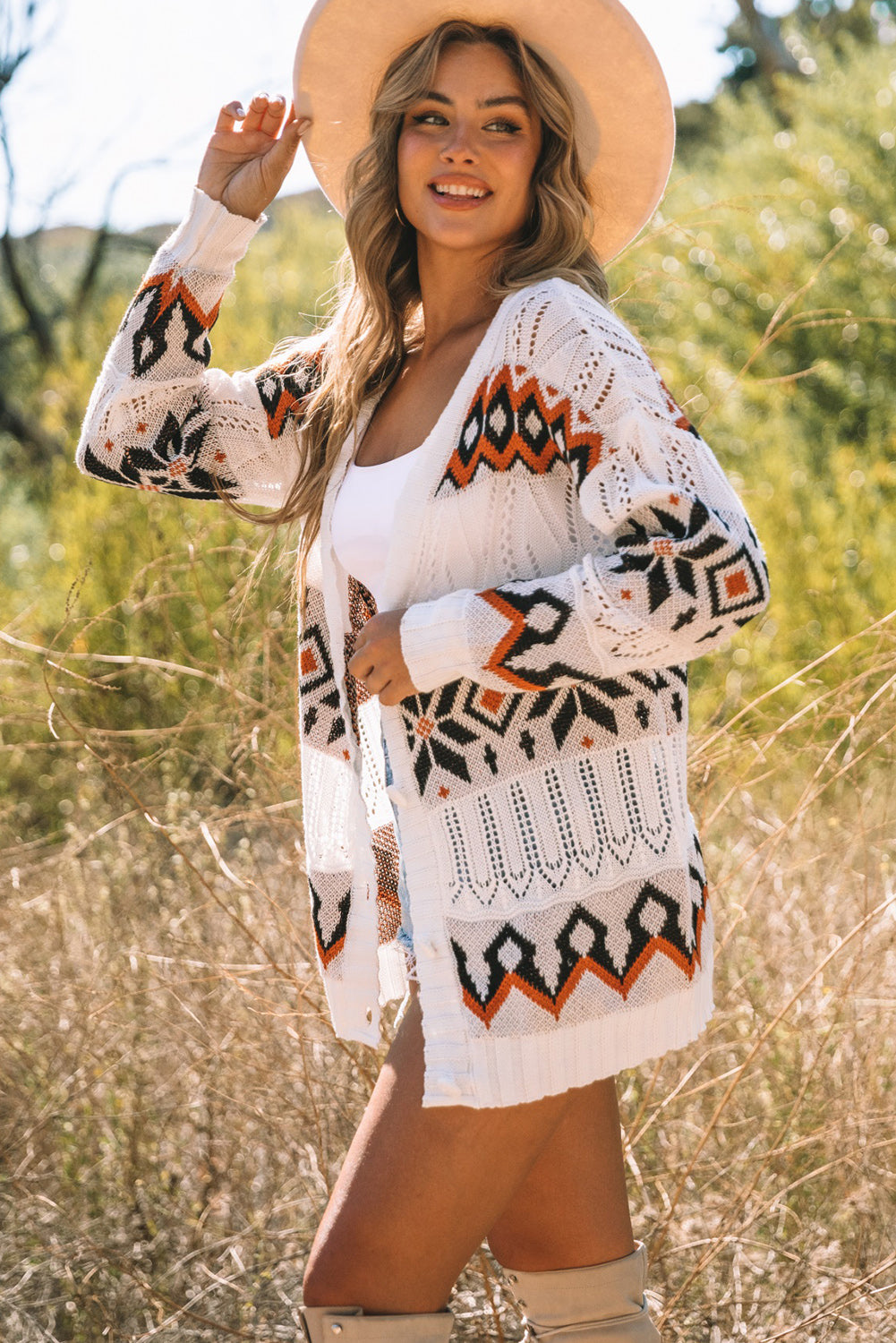 White Tribal Pattern Hollowed Knit Long Cardigan