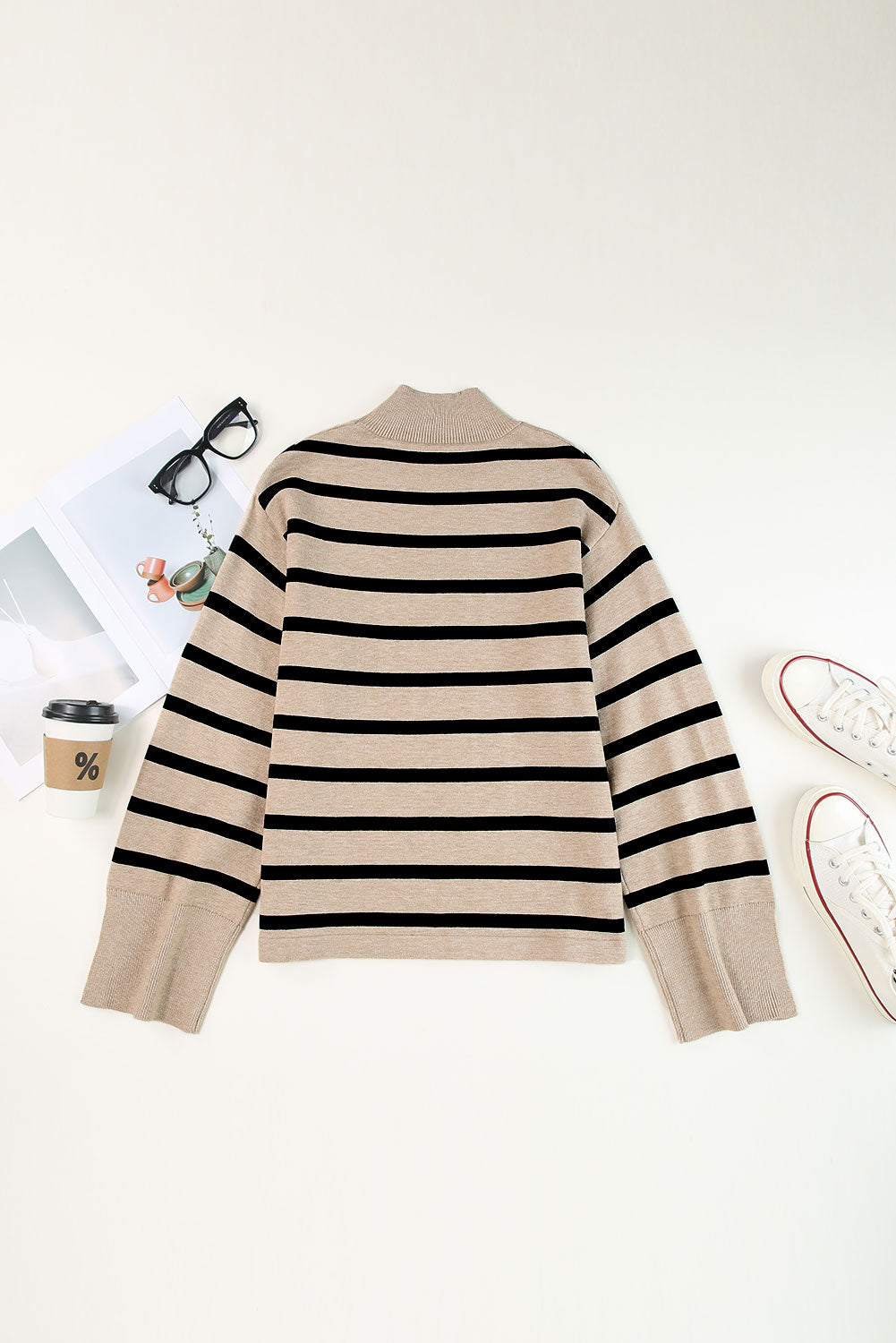 Khaki Striped Mock Neck Bell Sleeve Knit Sweater