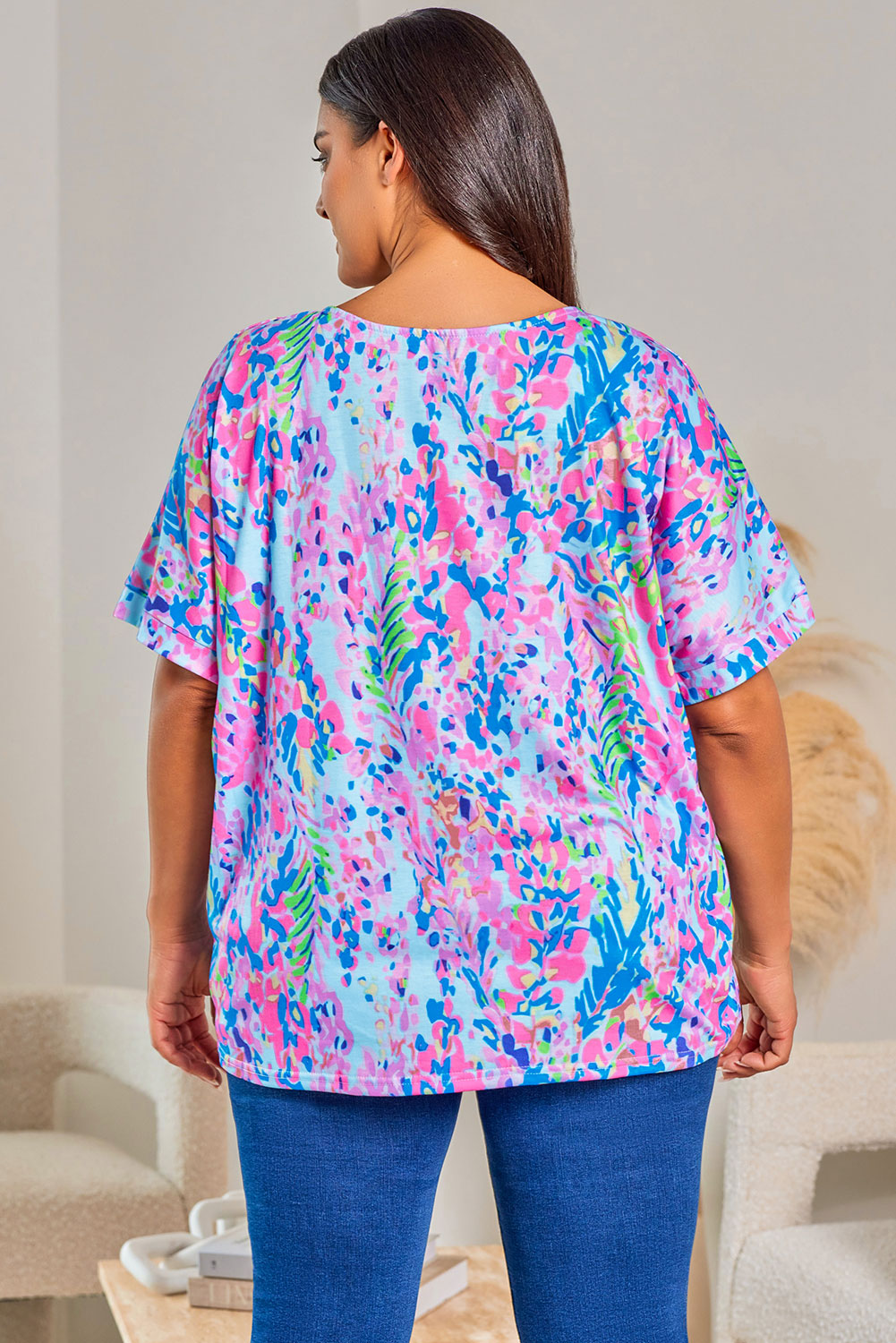 Sky Blue Plus Size Plant Print V Neck T-shirt