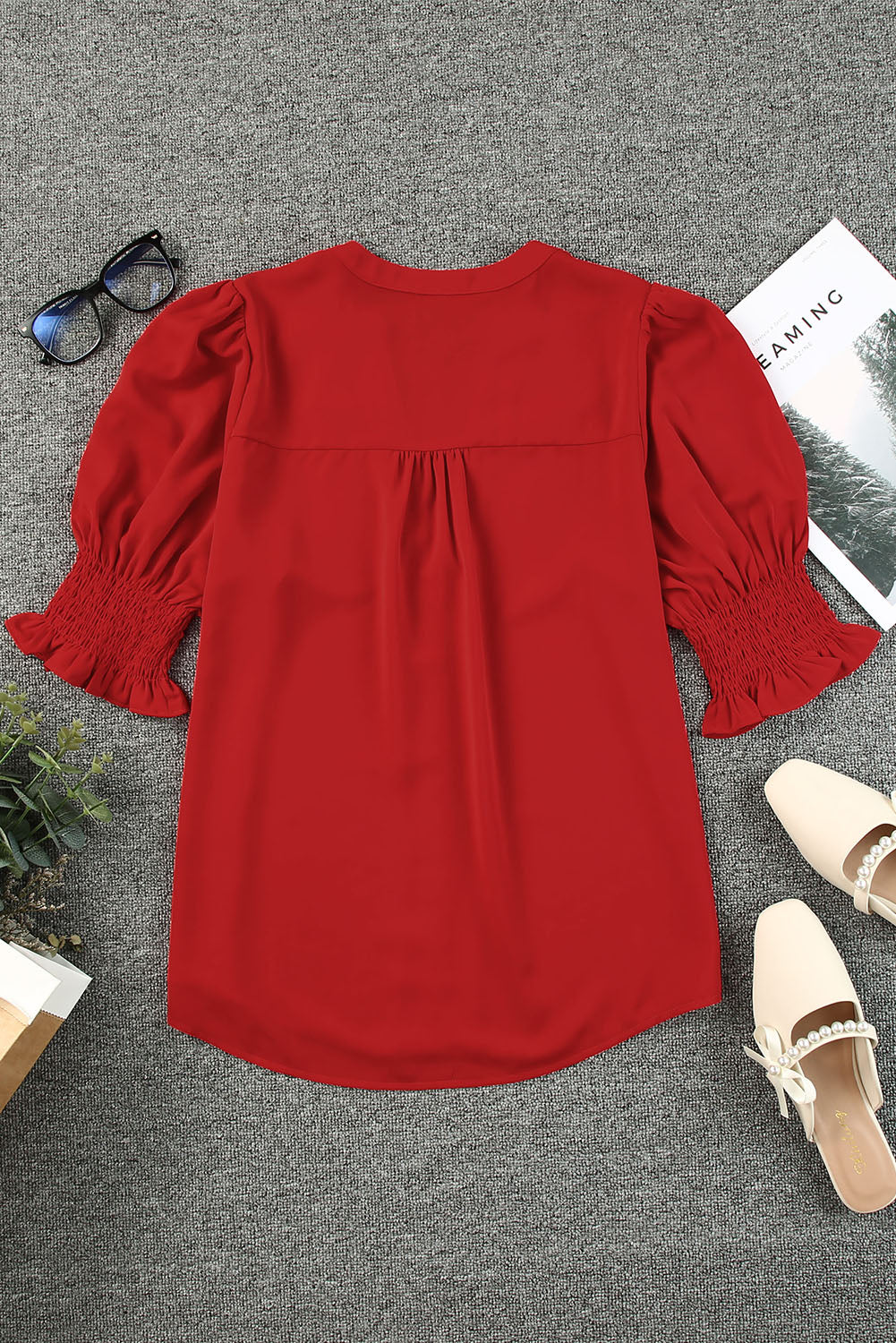 Red Solid Color Half Sleeve V Neck Blouse