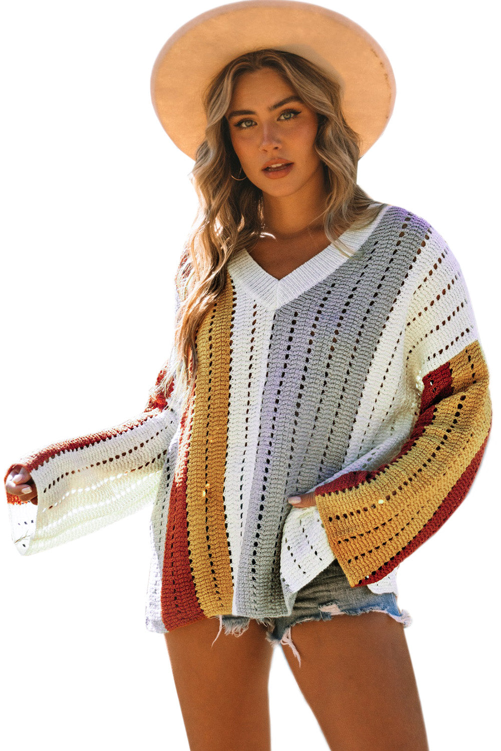 Multicolor Color Block Patchwork V Neck Knit Sweater