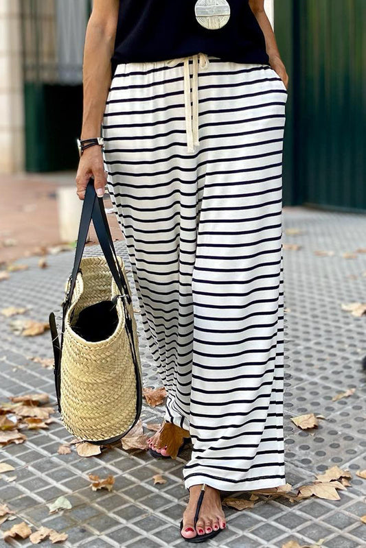 White Drawstring Striped Wide Leg Pants