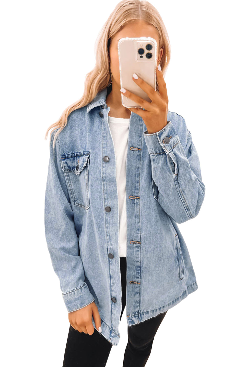 Sky Blue Acid Wash Flap Pocket Boyfriend Shacket