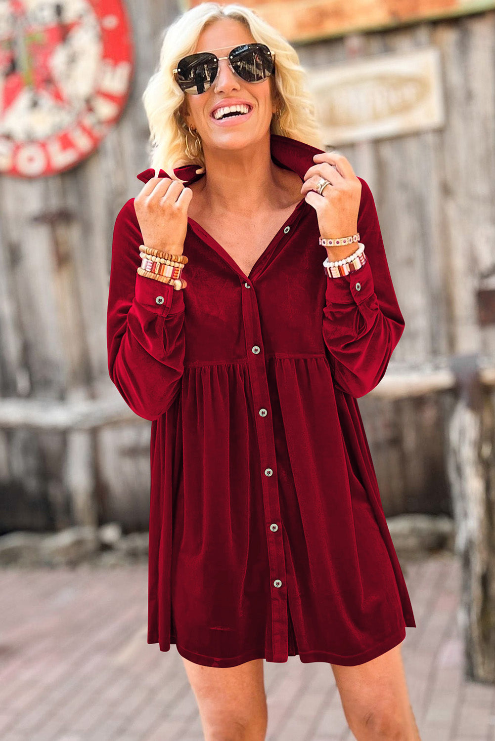 Red Long Sleeve Ruffle Velvet Button Up Dress