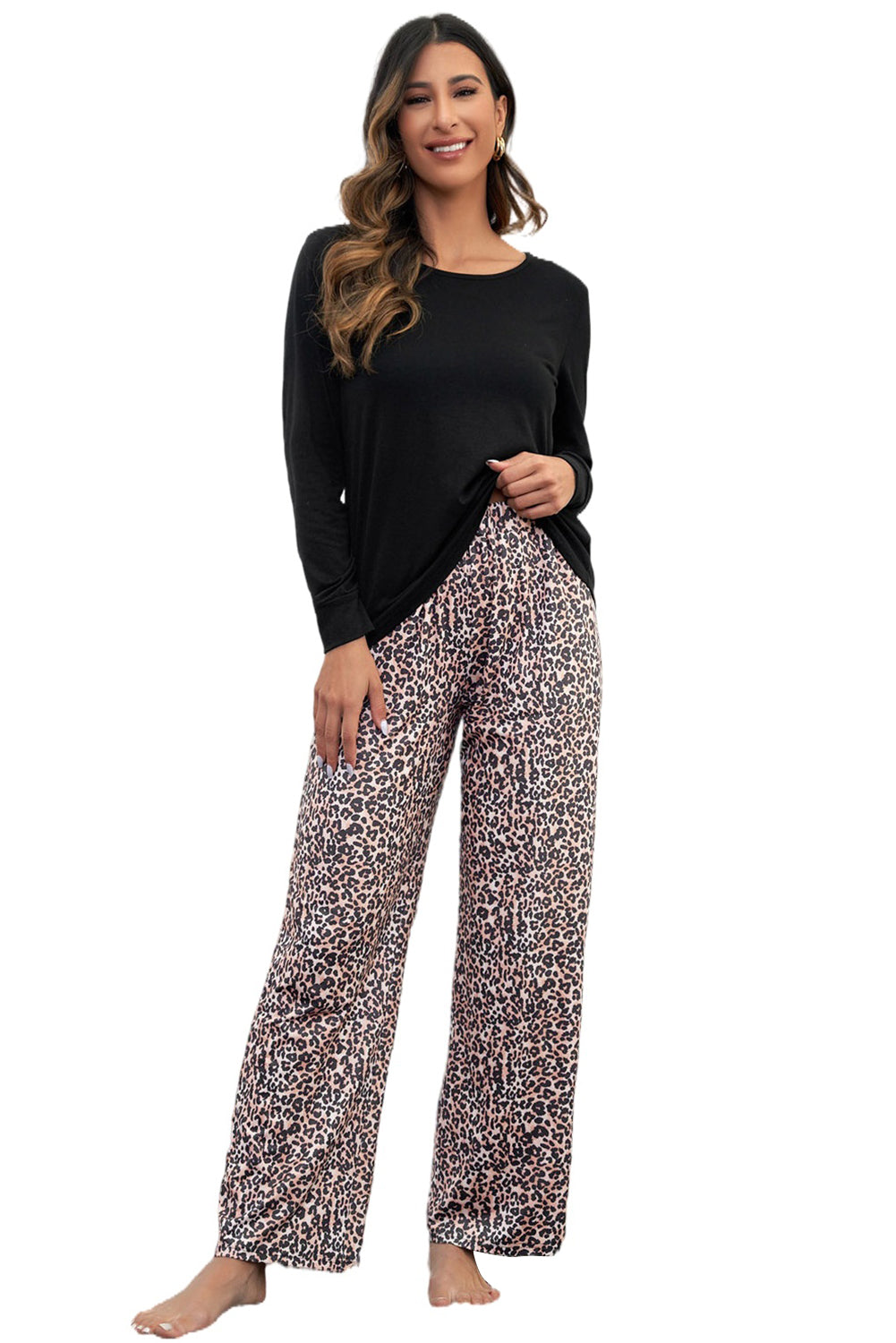 Long Sleeve Top and Leopard Print Pants Lounge Set