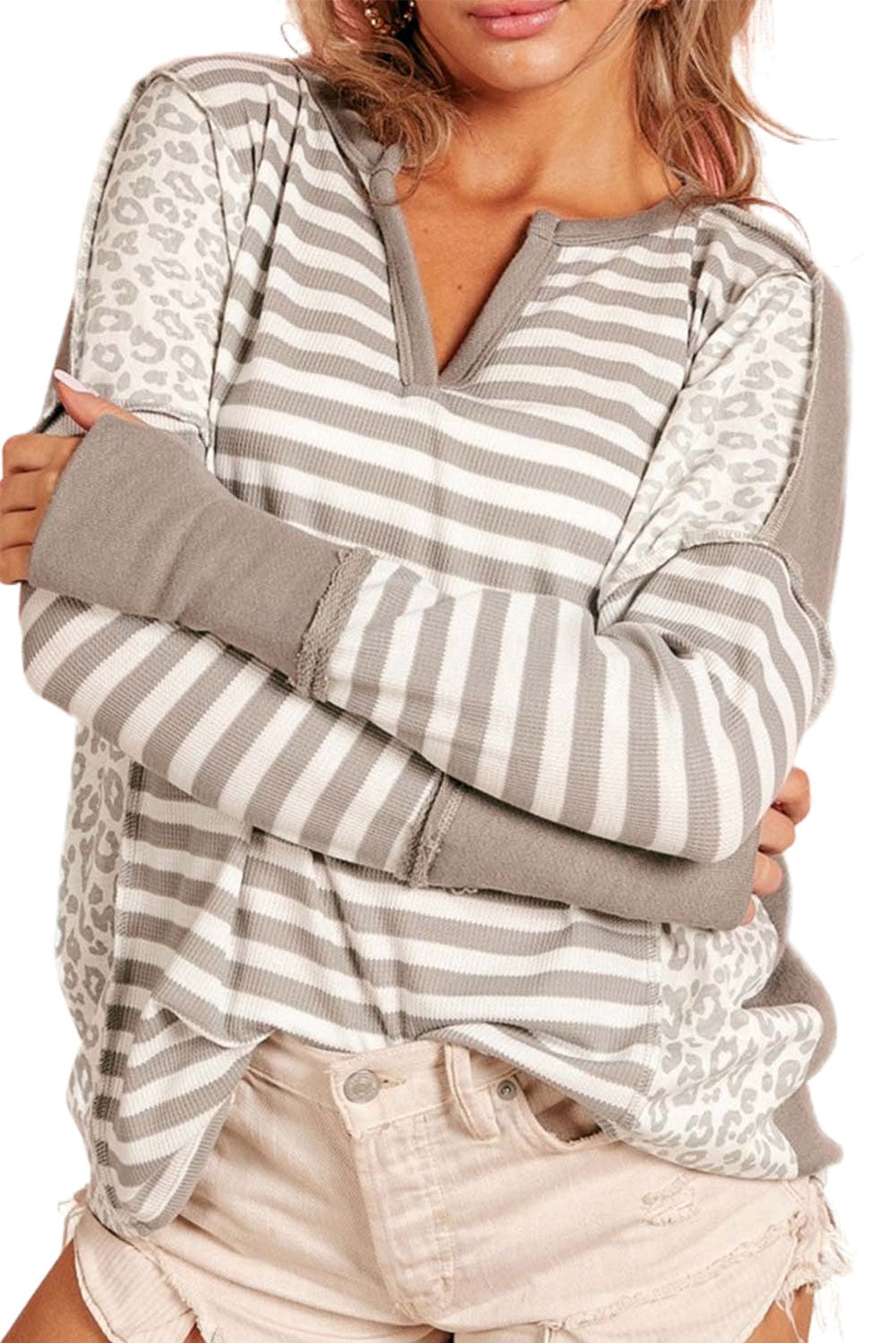 White Leopard Striped Patch Thumbhole Sleeve Top