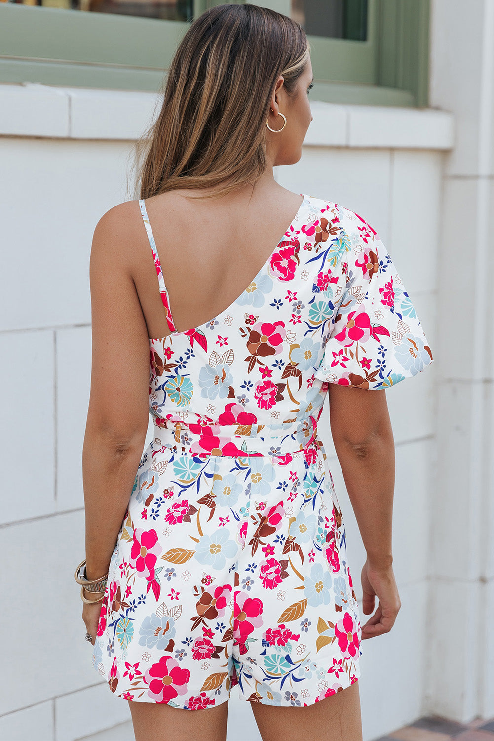 White Floral Single Bubble Sleeve Slant Shoulder Romper